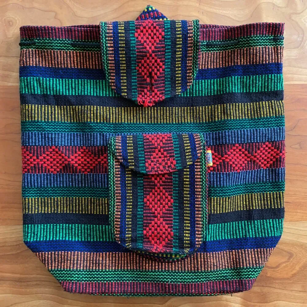 Rainbow, Bold, Black Woven Baja Boho Backpack